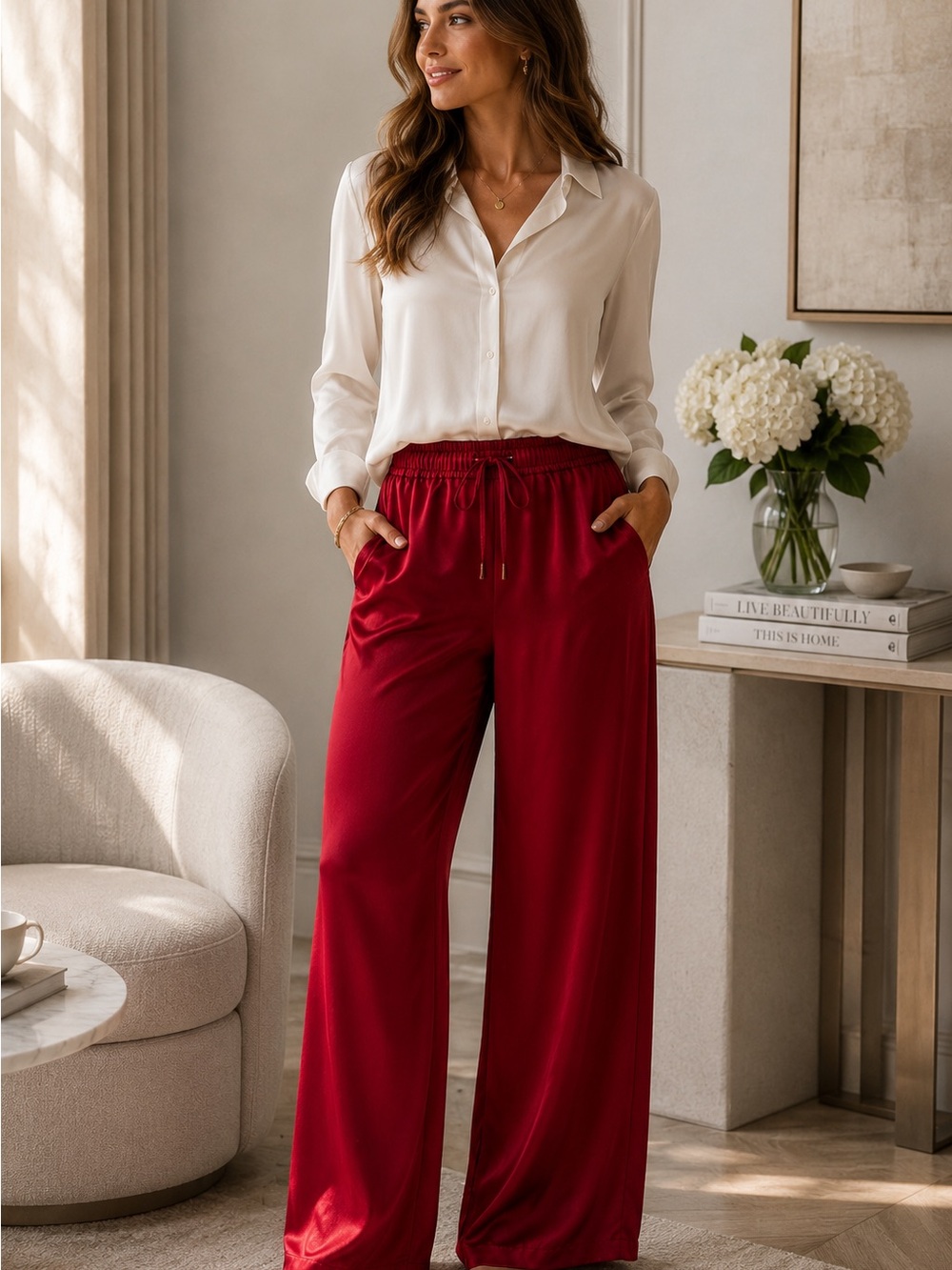 Gia Vanderbilt 100% Silk Red Drawstring Lounge Pants Wide Leg Size 10